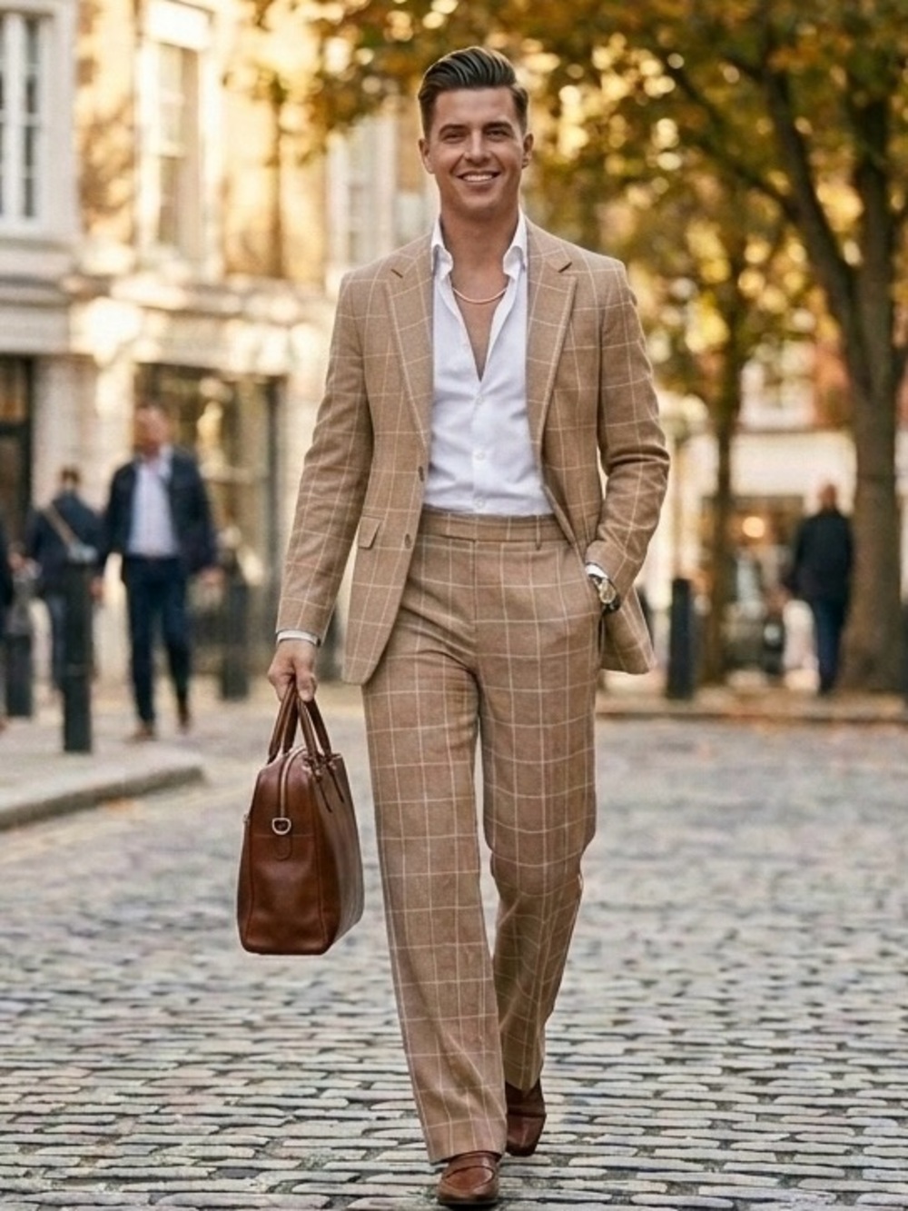 H&M Men's Slim Fit Windowpane Check Suit Tan Beige 42R Jacket 36R Pants